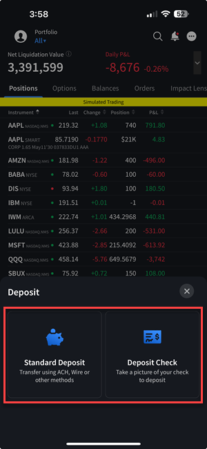The two deposit options available on the iPhone. 